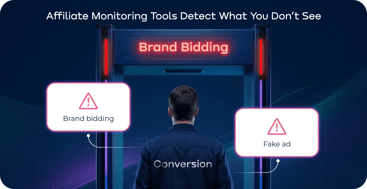 A conversion passing through an airport-style frame with a red warning light labeled “Brand bidding” to illustrate compliance monitoring.webp