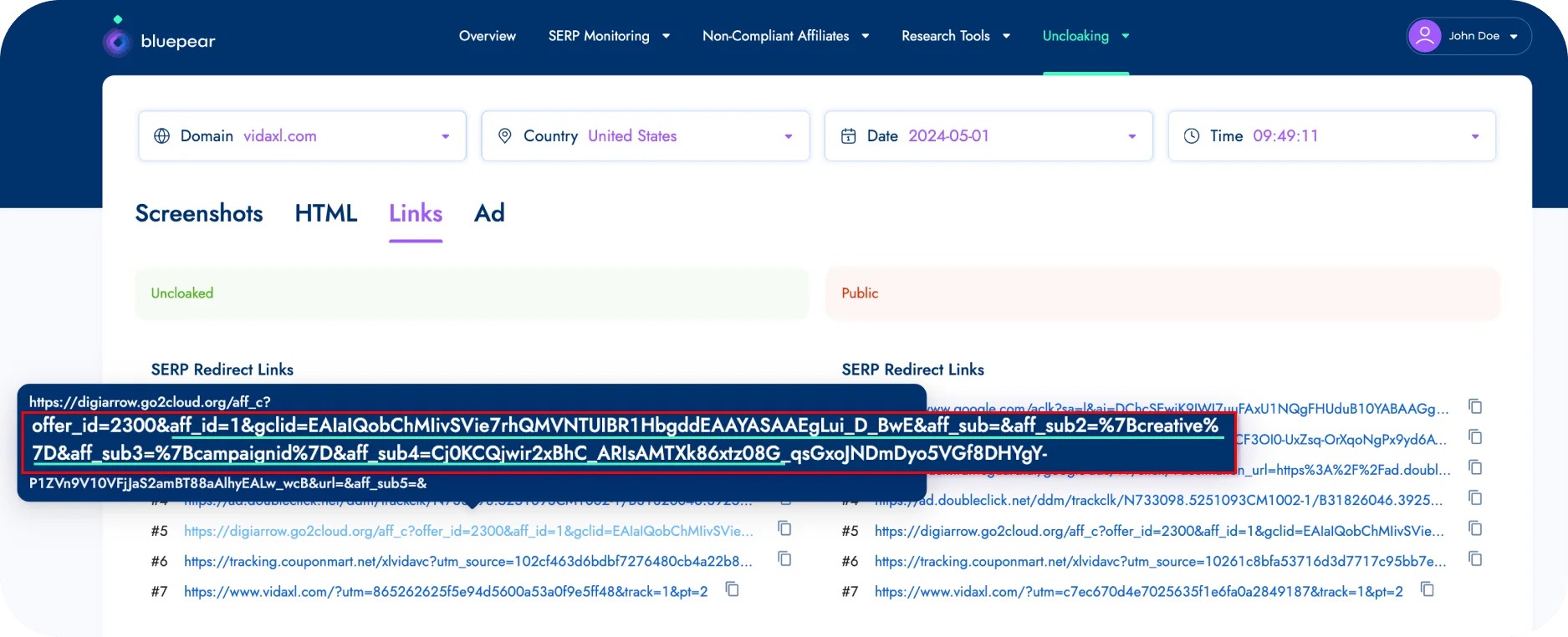 Affiliate de-cloaking report showing a list of uncloaked SERP redirect links and affiliate tracking URLs.webp