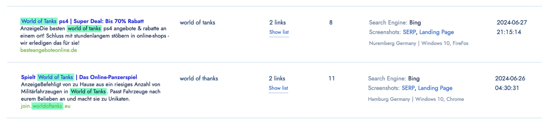 Automated competitor analysis results showing search engine rankings and competitor ads tracking.webp