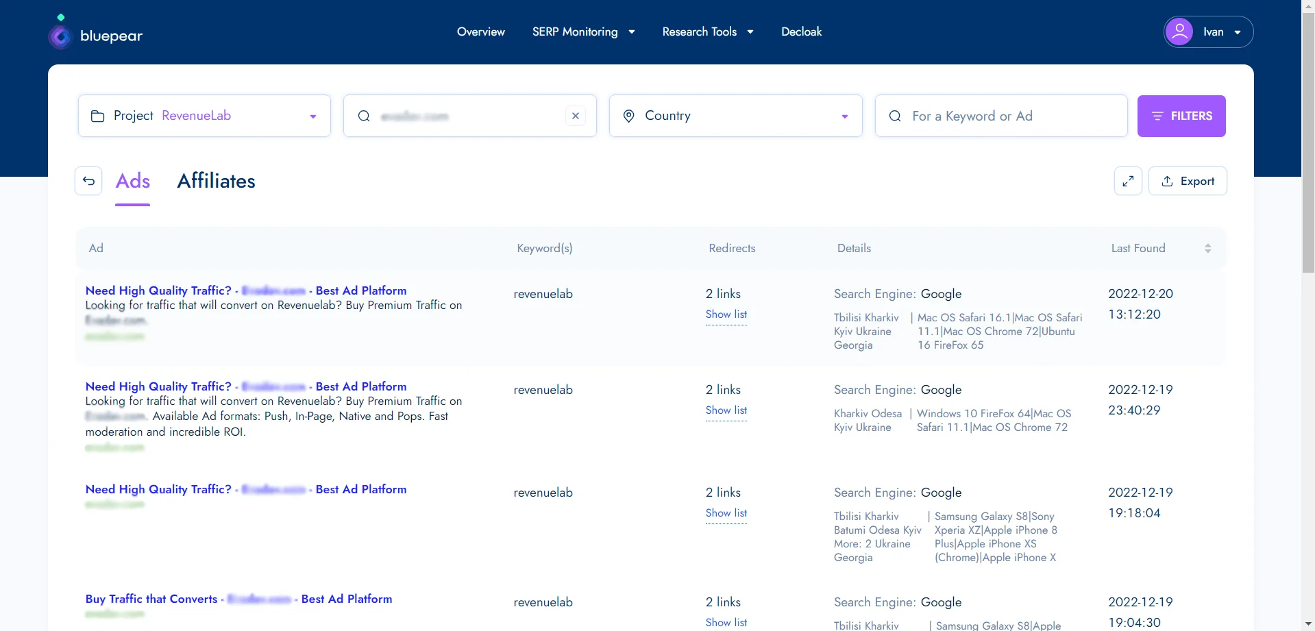 Bluepear ads report listing the competitor's ads for the keyword “revenuelab” with redirect links, locations and detection dates
