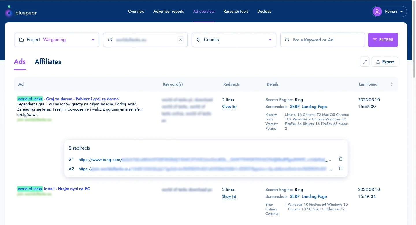 Bluepear ad overview showing World of Tanks ads in Bing with redirect chains and links to SERP and landing page screenshots