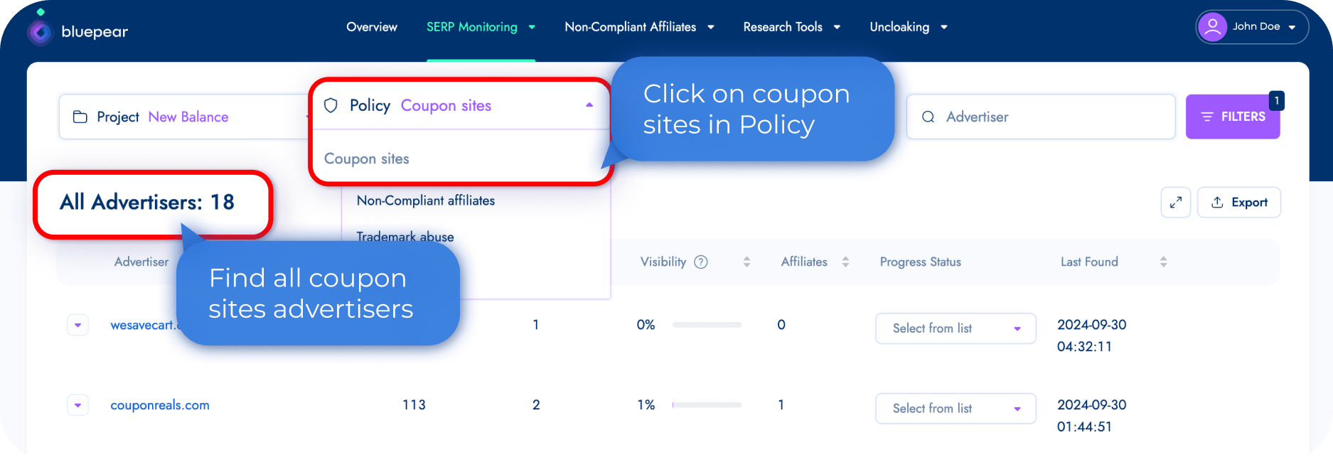 Bluepear dashboard for monitoring coupon code affiliate programs, showing advertisers, compliance status and policy violations..png