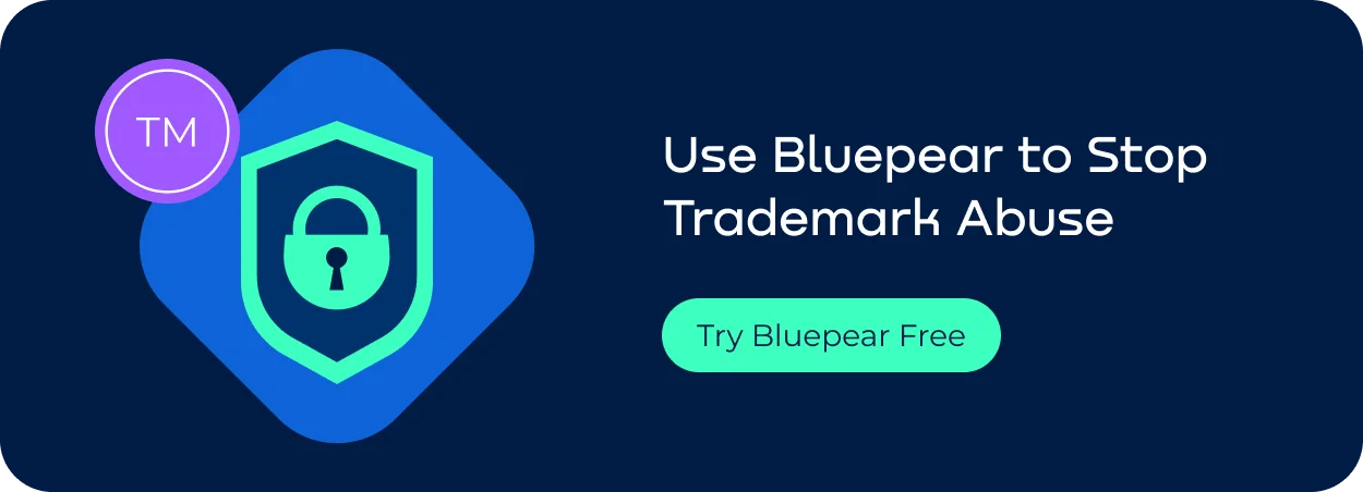 Call-to-action banner encouraging brands to use Bluepear to detect trademark abuse, brand impersonation, and fraudulent activity across search, ads, and affiliate channels