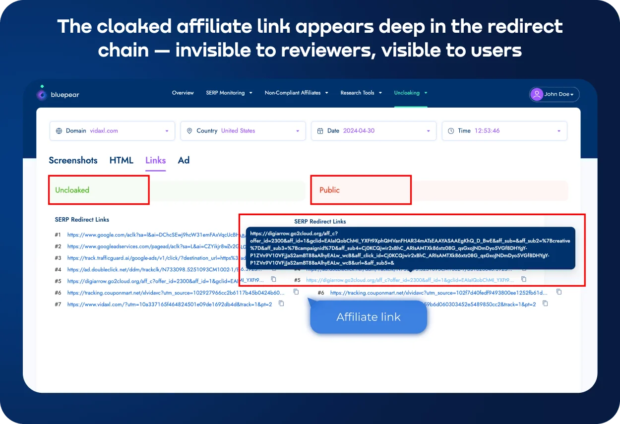 Example of a cloaked affiliate link hidden deep within a long redirect chain, uncovered by traffic analysis.webp