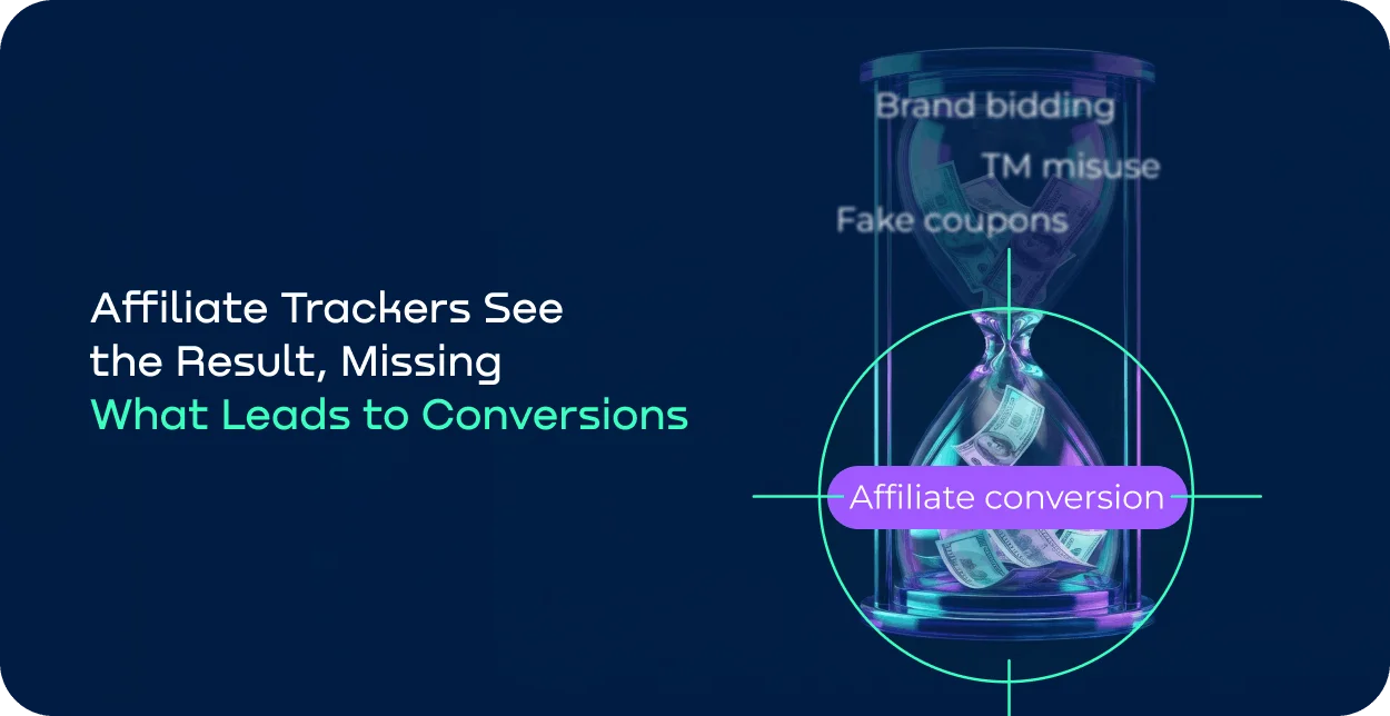Hourglass with upper sand labeled Brand bidding, TM misuse, and Fake coupons, lower sand labeled Affiliate conversions, illustrating what trackers see versus what they miss