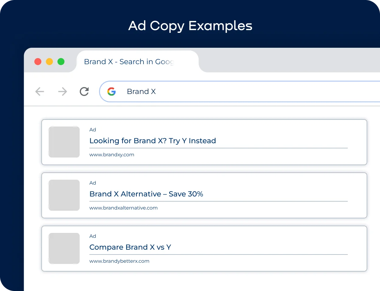 Search engine results mockup displaying competitor keyword advertising examples, including ads comparing brands, suggesting alternatives, and positioning competing products